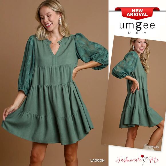 Umgee Floral Contrast Print Bubble Sleeves Tiered Design Relaxed Dress | Lagoon - Picture 1 of 6